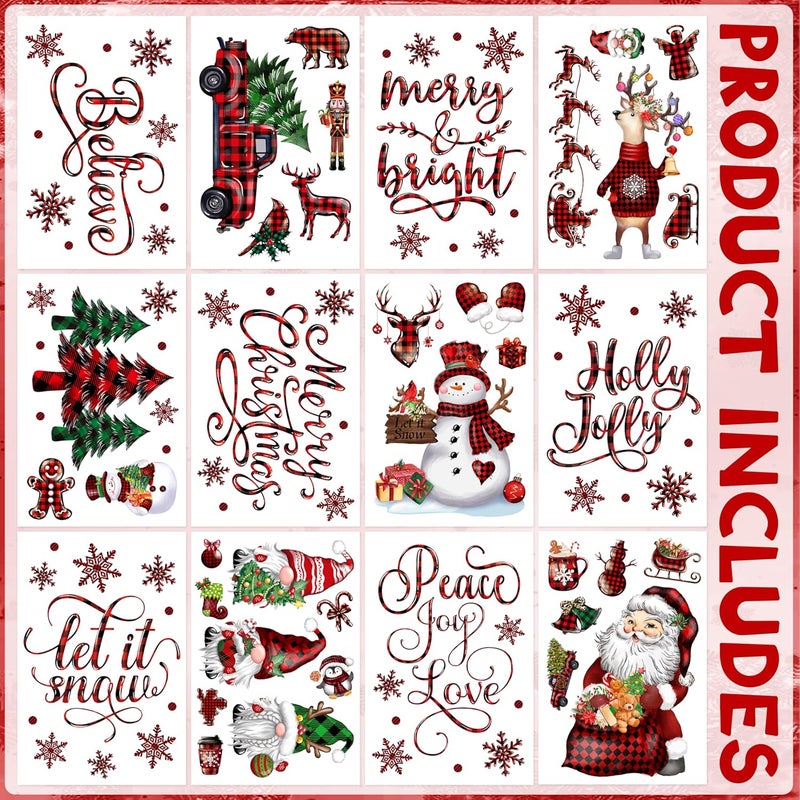 BORAMDO Christmas Window Clings 12 Sheets, Buffalo Plaid Xmas Window Decals Stickers Removable Holiday Decorations for Home & Office, 12 Styles - Image 3